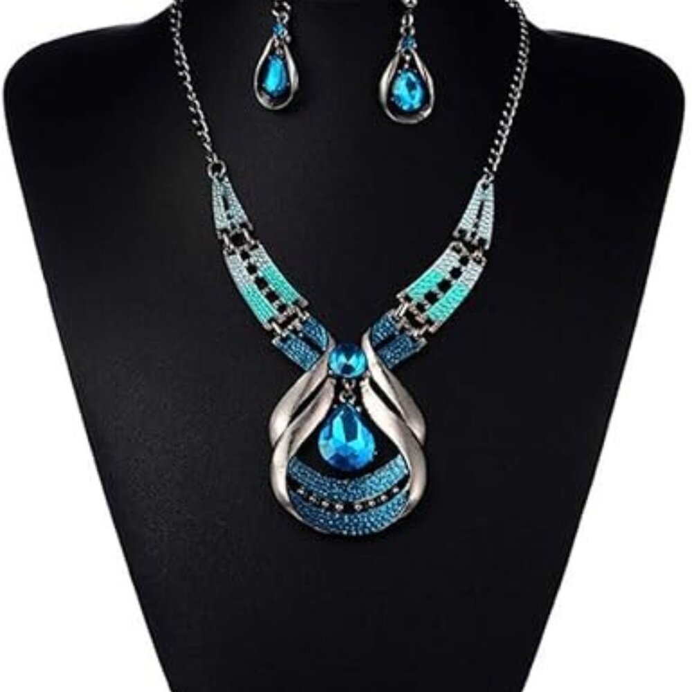 New Womens Water Drop Blue Gunmetal Necklace